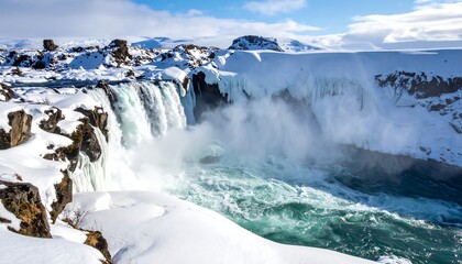 A breathtaking winter landscape featuring a majestic waterfall surrounded by snow-covered mountains and a serene river