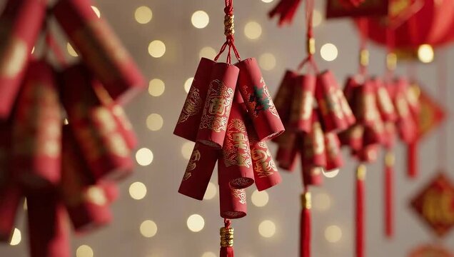 Traditional red firecrackers hanging in a festive display with bokeh lights in the background, symbolizing luck and celebration