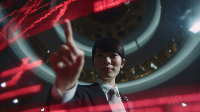 男性が女性がガラス越しに指差しで解説する日本人アナリストの場面