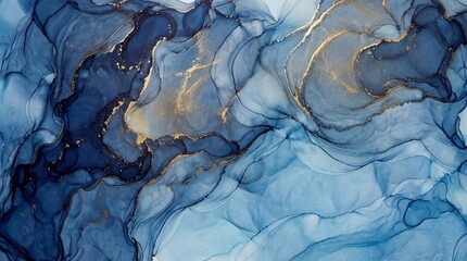 Abstract Blue and Gold Alcohol Ink Art Background.