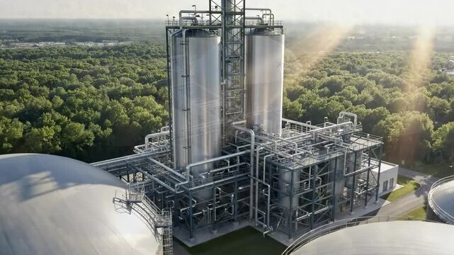 Aerial view of a biogas plant with spherical digesters surrounded by green trees.