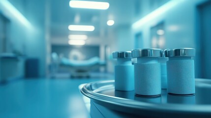 Medical sterile vials arranged on a tray in a modern bright hospital room with blurred equipment in the background