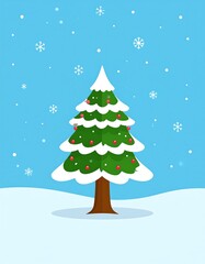Obraz premium A festive illustration depicts a green Christmas tree dusted with snow, adorned with red ornaments, and set against a falling snow and light blue background