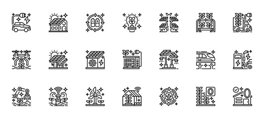 Eco Technology Icon Set Line Icon, Outline Symbol for Sustainable Development, Green Power, Environmental Conservation, Clean Innovation, and Renewable Solution. Vector Sign Icon.