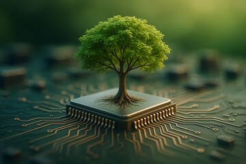 Green tree growing on microchip symbolizing technology sustainability digital nature eco innovation green computing environmental concept and harmony between nature and artificial smart system