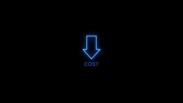Blue neon cost decrease symbol on black background with downward arrow indicating savings or discount