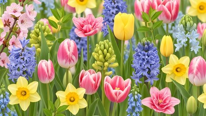 Colorful spring flowers blooming outdoors