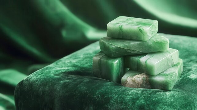 Smooth polished jadeite stones stacked on rich green velvet fabric