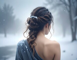 A woman with brown hair in a braid looking away in a snowy landscape