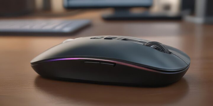 Wireless computer mouse on a minimalist desk with a smooth surface, illuminated by soft light, mouse, accessories