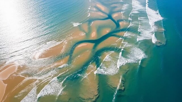Aerial view of a stunning sandy beach with intricate water patterns from ocean waves, creating a beautiful natural landscape.