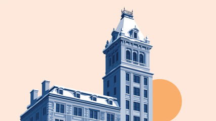 Tall blue building tower reaching towards the sky with a large orange sun setting in the background for an urban sunset view.