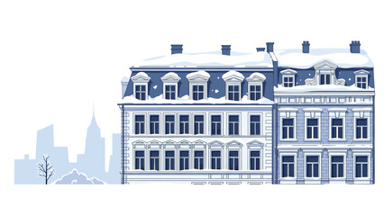 Row of traditional European style city buildings covered in winter snow with a faint silhouette of a distant skyline behind.