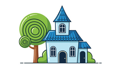 Charming blue cottage house with a dark blue roof standing next to a large stylized green tree and bushes on a white surface.