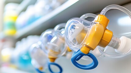 Sterile medical oxygen masks with clear plastic components and yellow connectors are neatly arranged with blue tubing attached