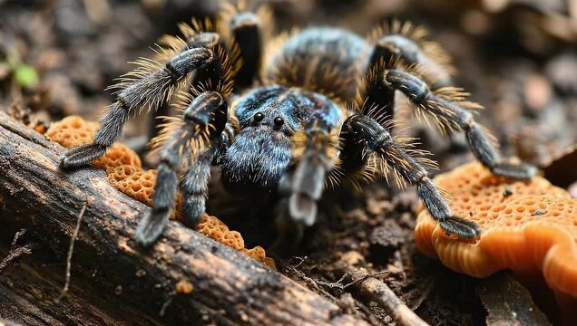 A close-up view of a vibrant blue and brown tarantula resting on a piece of wood with orange fungi.