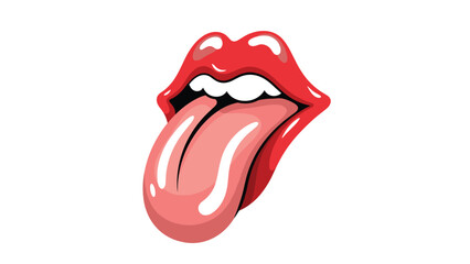Iconic red lips and white teeth with a long pink tongue sticking out in a classic rock and roll style pose on white background.