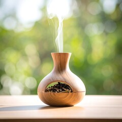 A wooden essential oil diffuser with steam on a table outdoors
