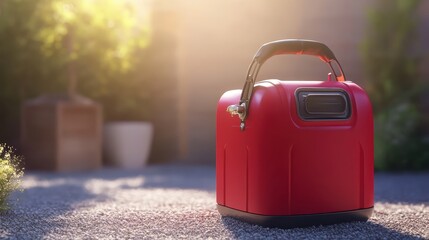 Red portable generator sitting outdoors in bright sunlight with plant in background
