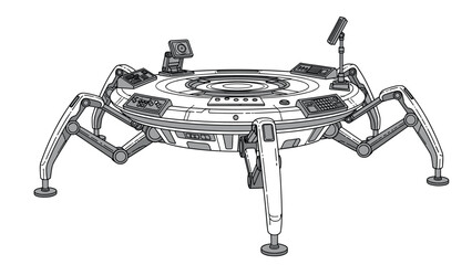 Futuristic command console table with multiple screens and control panels supported by mechanical spider legs on a white background.