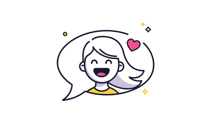 Young girl with a happy smile appearing inside a large speech bubble with a small pink heart representing positive social media.