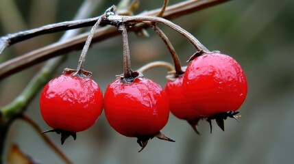 Tiny red berries clinging to a dry thorny bush branch in nature