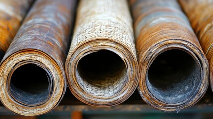 Rolled sleeping mats made of woven straw showing their textured cylindrical form