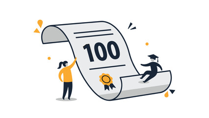 Students celebrating success by sitting on a giant scroll with the number one hundred and a gold medal seal of achievement.