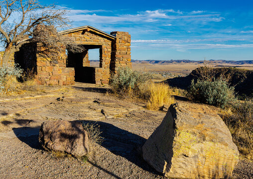 Old Stone CCC Building at Skyline Drive Overlook, Davis Mountains State Park, Texas, USA