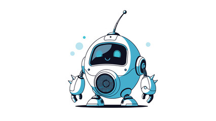 Small round robot character with a friendly blue screen face and antennas standing on a white background in a cute tech style.