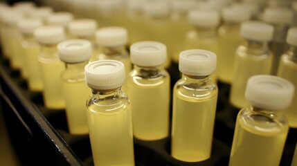Rows of clear plastic vials containing pale opaque yellow liquid in a laboratory setting