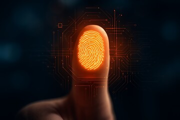 Orange glowing fingerprint scanner digital technology security data identification access system cyber biometric innovation futuristic personal privacy identity network concept security authentication