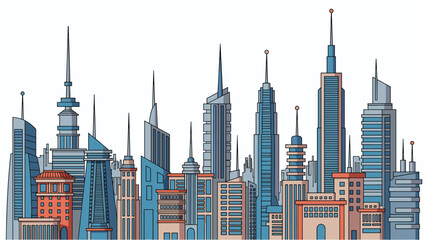 Detailed modern city skyline with numerous skyscrapers of varying heights and architectural designs under a clean sky.