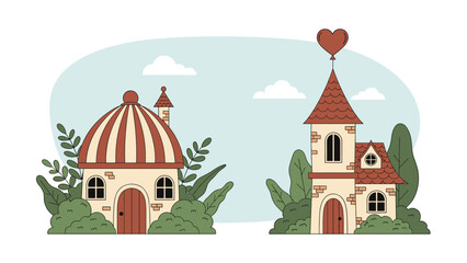 Collection of whimsical fantasy houses in a green landscape with one featuring a heart shaped balloon on top of a tall tower.