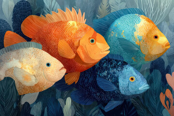 An artistic illustration featuring vibrant ornamental fish, executed in a painterly style with pronounced textures of scales and fins 