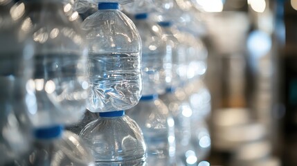 Rows of clear plastic water bottles filled with pure liquid sit ready for distribution and consumption