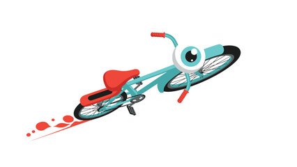 Unusual blue bicycle with a giant eyeball on the front and red splatters on the ground in a surreal artistic illustration.