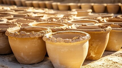 Rows of unadorned clay pots with textured rims displayed outdoors in natural sunlight