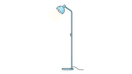 Modern blue floor lamp with a thin stand and adjustable head shining a soft warm light against a clean white background.
