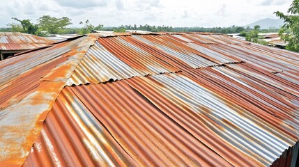 Rows of weathered corrugated metal sheets forming a rusty rooftop under a cloudy sky
