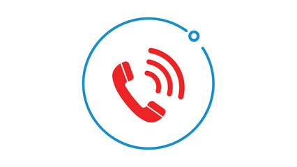 Red telephone handset icon symbolizing a phone call inside a simple blue circle frame against a clean white background.
