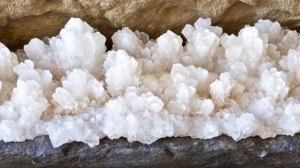 Sharp crystalline structures of white salt crystals forming a textured natural formation close up