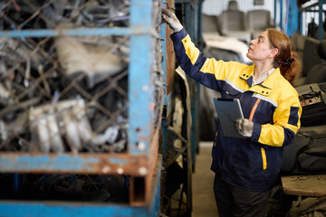 Worker examines metallic scrap inside a factory