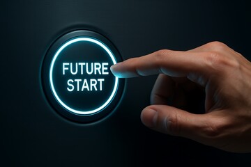 Finger pressing futuristic start button glowing neon blue circle technology concept innovation initiation idea energy cyber interface design launch modern beginning progress vision development