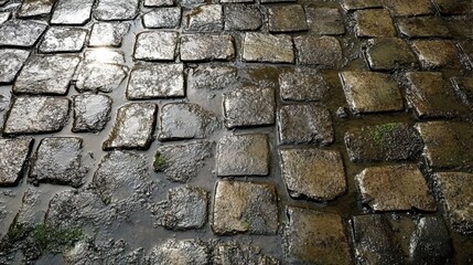 Wet, uneven cobblestone path with displaced stones forming a rough, textured surface in an outdoor environment
