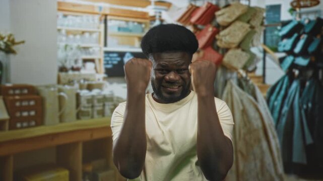 Man clenches fists and smiles in a home decor shop with shelves of mugs and hanging bags; small victory joy.