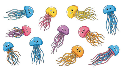 Cute jellyfish flat cartoon vector set isolated on transparent background © MdRoni