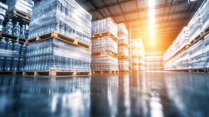 Stacks of bottled water crates stored high on pallets inside a bright industrial warehouse with sunlight reflecting on the clean floor