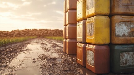 Stacked plastic water containers in an outdoor storage area with a muddy path and blurred background of stacked wood