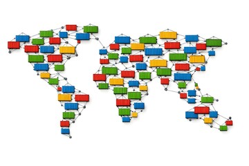 Obraz premium Connected Container Icons Forming World Map – Supply Chain Concept